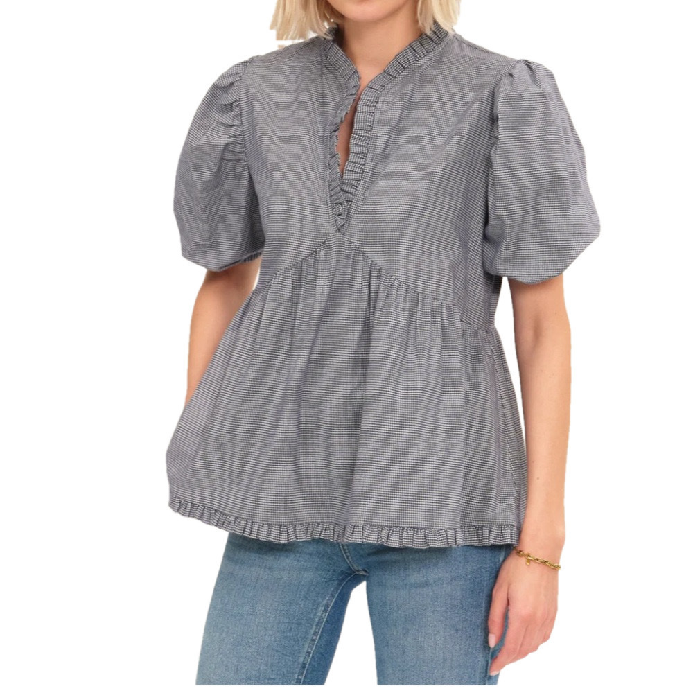 Nwt Harshman Xs Aliya Blouse Blue Houndstooth Cotton Msrp $235